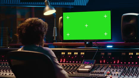 Sounddesigner-Schaut-Sich-Online-Tutorials-über-Greenscreen-Monitor-An