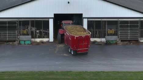 Traktor-Zieht-Einen-Triolet-Futtermischer-In-Einen-Stall-Mit-Holsteinischen-Milchkühen