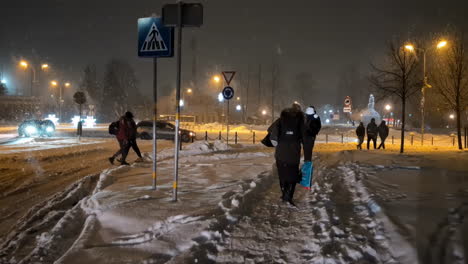 Los-Viajeros-Caminan-Por-Las-Aceras-Cubiertas-De-Nieve-Por-La-Noche-Mientras-Las-Farolas-Iluminan-El-Camino