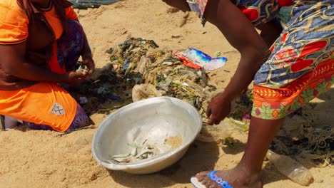 Mujeres-Africanas-Seleccionando-Pescado-De-Una-Red-De-Pesca-En-Una-Playa-De-Ghana.