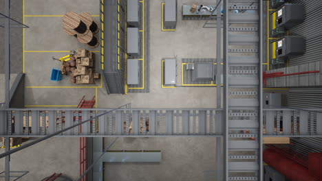 Top-down-view-of-rows-of-computerized-machines-in-warehouse,-3D-animation