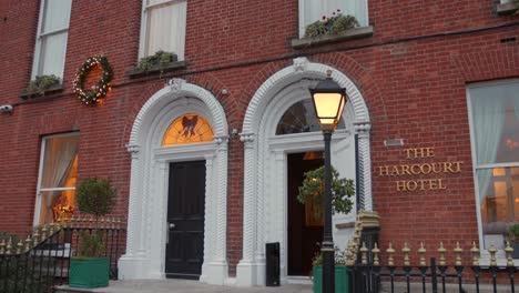 Entrance-to-The-Harcourt-Hotel-in-Dublin,-Ireland