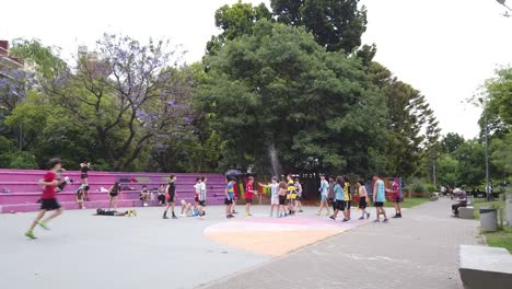 Young-Kids-Celebrate-Soccer-Victory-Football-Win-at-Park-Stadium-Latin-City-of-Buenos-Aires-Argentina,-Irlanda-Park,-Caballito-Neighborhood