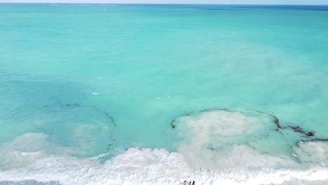 Imágenes-Aéreas-Ascendentes-Capturan-A-Personas-En-Las-Aguas-Poco-Profundas-Del-Mar-Caribe-En-Isla-Blanca,-México.