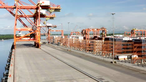 Shot-of-container-forklift-with-drone,-customs