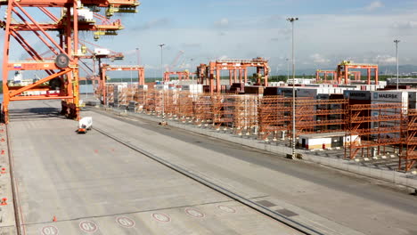 Shot-of-container-forklift-with-drone,-customs