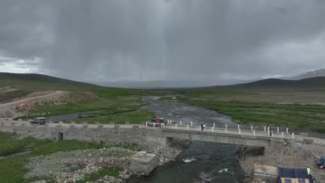 Rustic-Bridge-in-Deosai-Plains,-Skardu,-Pakistan.-Aerial