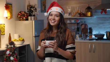 Lächelnde-Frau-Mit-Weihnachtsmütze-In-Festlicher-Küche