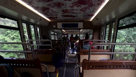 Inside-Koyasan-Cable-Going-Down-Towards-Gokurakubashi-With-Tourists-Looking-Out-Window-At-The-Front