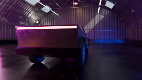 Cybertruck-En-Un-Hangar-Futurista-Iluminado-Por-LED