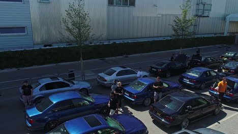 BMW-fans-meeting-at-50-years-celebration-near-museum-in-Munich,-aerial-view