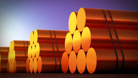 Loopable-animation-presents-stacks-of-cylindrical-copper-billets.-Copper-in-its-purest-form.-It-has-excellent-electrical-and-thermal-conductivity.-In-background-cloudless-dawn-sky.