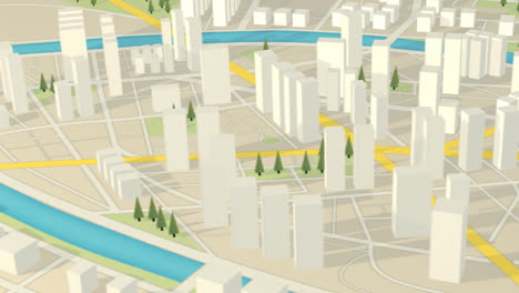 Sistema-De-Transporte-Urbano-En-El-Mapa-Blanco-Y-Abstracto-De-La-Ciudad-Gps-Con-La-Representación-3d-De-Rascacielos-Y-árboles.-El-Concepto-Del-Plan-Cartográfico-Está-Lleno-De-Calles-Y-Rutas.