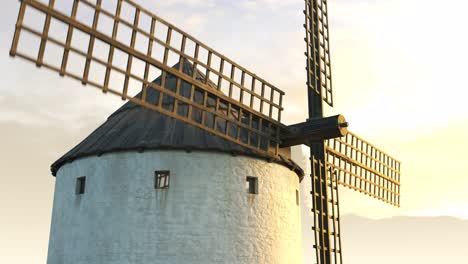 Die-Flügel-Einer-Alten-Landwirtschaftlichen-Windmühle-Arbeiten-Und-Rotieren-Langsam-Bei-Sonnenuntergang-Mit-Wolken-Im-Hintergrund.-Die-Kamera-Schwenkt-Langsam-Um-Ein-Gebäude.-Rotierende-Turbine,-Alte-Technologie,-Ein-Energieaustausch