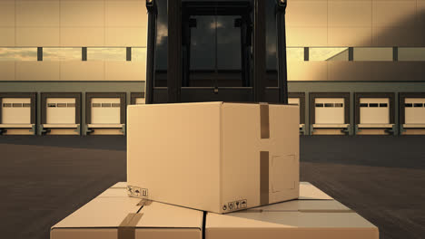 Modern,-advanced,-robot-arm-loading-and-stacking-cargo-boxes-from-the-line-onto-a-forklift-inside-a-vast-warehouse.-Fast,-slick-and-efficient-and-sophisticated-piece-of-technology-working-effortless.