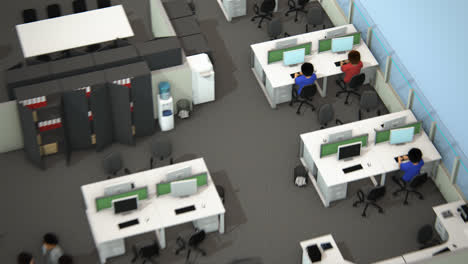 Aerial-view-of-the-corporate-open-room-with-white,-office-cubicles-and-employees-working-in-it.-Every-contemporary-cubicle-has-a-similar-design-–-the-desk-with-computer,-monitor,-telephone-and-chair.