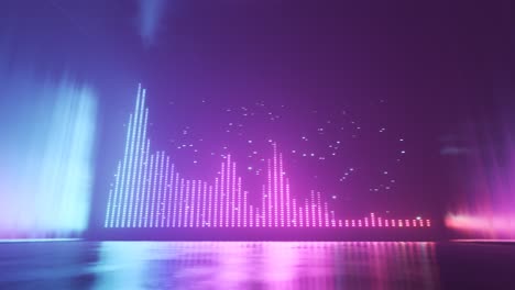 Animation-of-colorful-audio-equalizer.-Music-beat-control-levels.-Multicolored-sound-wave-illuminating-an-empty-room-with-bright-neon-lights.-Reflections-on-dark-walls-surface.-Party,-DJ-background.