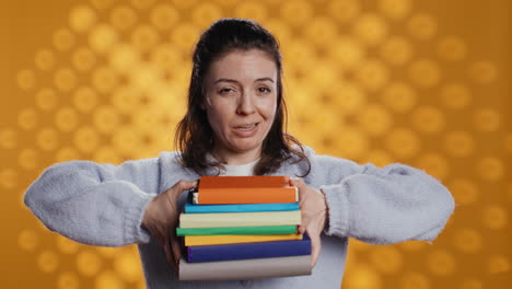 Mujer-Eligiendo-Entre-Libros-Físicos-Y-Libros-Electrónicos,-Prefiriendo-El-Ereader-Por-Su-Ligereza.