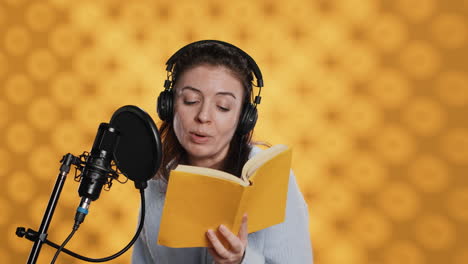 Woman-reading-book-to-record-audiobook,-leaving-studio-after-finishing