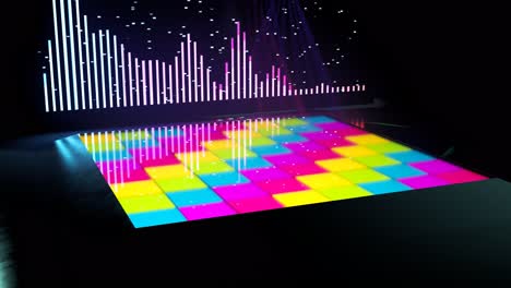 Color-changing-LED-dance-floor-illuminated-by-disco-lights.-Isolated,-empty-dancefloor-with-multi-colored-lights.-Mirror-balls,-lasers,-sound-wave-or-equalizer-animation-for-party-or-concert-events.