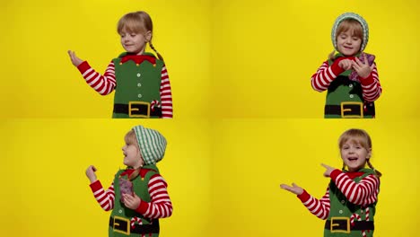 Kid-girl-in-Christmas-elf-Santa-helper-costume-points-fingers-at-blank-space-shows-advertising-area