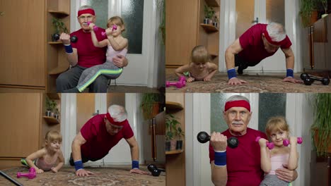 Active-grandfather-senior-man-with-child-girl-doing-fitness-weight-lifting-exercises-with-dumbbells