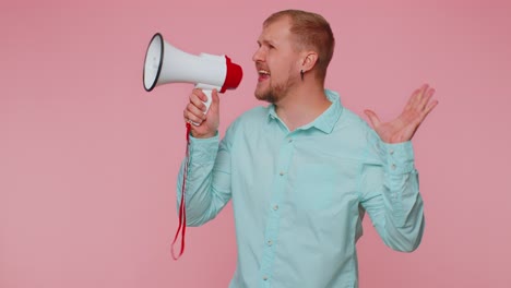 Smiling-bearded-man-talking-with-megaphone,-proclaiming-news,-loudly-announcing-sale-advertisement