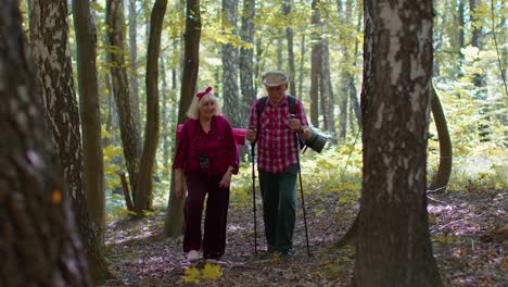 La-Pareja-Positiva-De-Abuelos-Y-Abuelas-Se-Dedica-A-Caminar-Nórdico,-Disfrutando-De-Aventuras