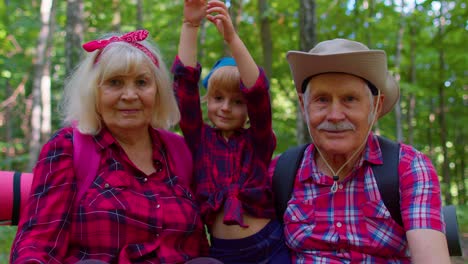 Altes-Großelternpaar,-Touristen-Und-Wanderer,-Die-Sich-Mit-Ihrer-Enkelin-Im-Sommerwald-Im-Wald-Ausruhen