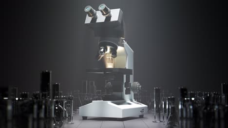 Modern-microscope-standing-in-a-foggy,-moody-laboratory.-Light-rays-pouring-through-a-dense-fog.-Scientific-equipment-lit-by-bright-spotlight.-Camera-heading.-Countless-glassware-pieces-on-a-floor.