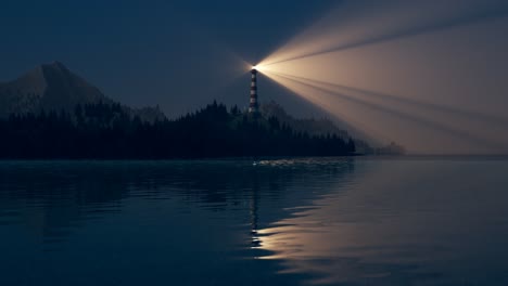 Haz-De-Luz-Brillante-Y-Cálido-Del-Faro-Que-Gira-Sobre-La-Costa-Brumosa.-Un-Edificio-Alto-Y-Emblemático-Ilumina-La-Isla,-El-Bosque-Y-Las-Tranquilas-Aguas-Del-Mar.-Viaje-Seguro-Durante-La-Noche.-Animación-En-Bucle.