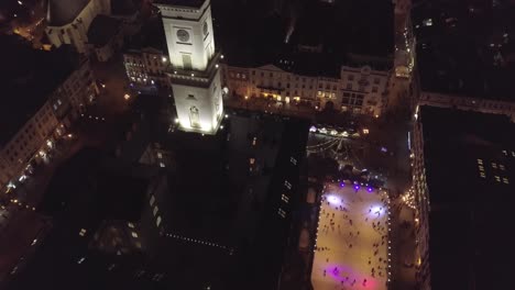 Arial-view-of-city-Lviv,-Ukraine-Rynok-square-popular-touristic-destination-in-Christmas-time