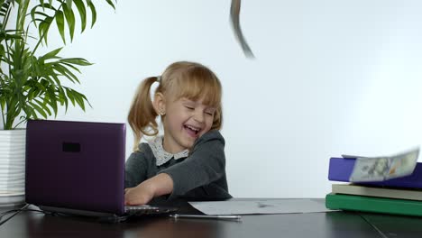 Young-child-girl-boss-in-rain-of-falling-money-is-rejoicing,-celebrating-the-winning-lottery-game