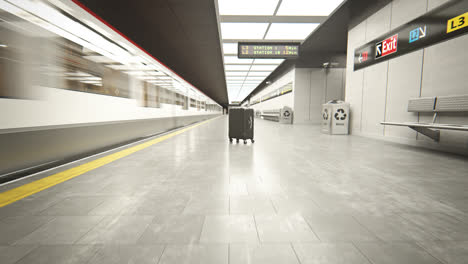 Tren-Subterráneo-En-La-Estación.-Metro-Vacío-Sistema-De-Transporte-Subterráneo.-Se-Utiliza-Para-Viajar-A-Través-Del-Sistema-Ferroviario-Urbano.-Conmutar-Ingeniería-Pública-Moderna.-Maleta-Solitaria.