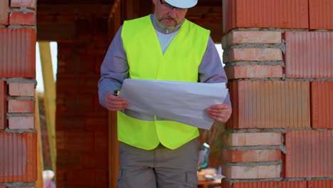 Civil-engineer-architect-specialist-analyzes-blueprints-and-dimensions-at-construction-house-site
