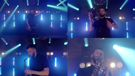 Live-performance-of-saxophonist-man-with-saxophone,-dancing-on-concert-musician-stage-with-lights