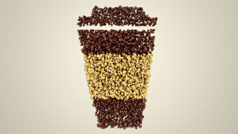 The-delicious-concept-of-the-roasted-heap-of-coffee-beans.-Close-up-on-the-fresh,-brown-grains-that-are-creating-a-silhouette-of-the-coffee-cup-with-foam-on-the-white-background.