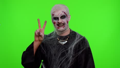 Halloween-zombie-man-bloody-make-up-showing-victory-sign,-hoping-for-success-and-win-peace-gesture