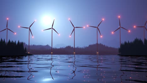 An-offshore-Windmill-farm-in-the-water.-Multiple-wind-turbines-producing-electric-power-using-the-environmental-force-of-wind-with-beautiful-mountains-in-the-background,-and-wavy-water-beneath-them.