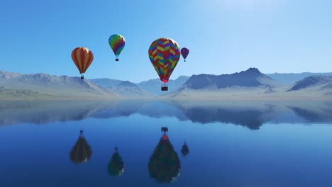 Colorful-hot-air-balloons-flying-over-the-lake-surrounded-by-mountains.-Four-large-multi-colored-balloons-slowly-rising-against-blue-sky.-Reflection-on-the-clear-water.-Travel,-adventure,-festival.