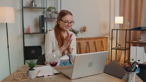 Woman-freelancer-gets-good-news-exam-results-successfully-signed-contract-celebrating-drinking-wine