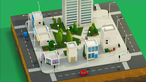 Low-Poly-3D-Animation-Des-Stadtlebens.-Stadtluftaufnahme-Des-Stadtblocks-Mit-Wolkenkratzern,-Büros,-Geschäften-Und-Autos,-Die-Auf-Den-Straßen-Fahren.-Menschen-Laufen-Auf-Den-Zebrastreifen.