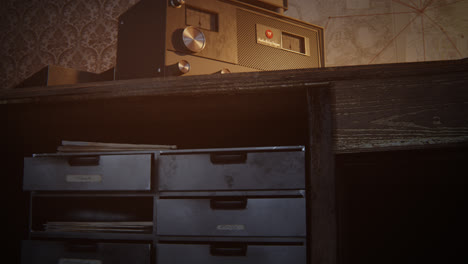 Retro-communication-room-filled-with-dust,-with-old-furniture,-old-fashioned-background-on-the-wall-and-wooden-desk.-Vintage-radio-station-standing-on-the-desk-under-obsolete-lamp