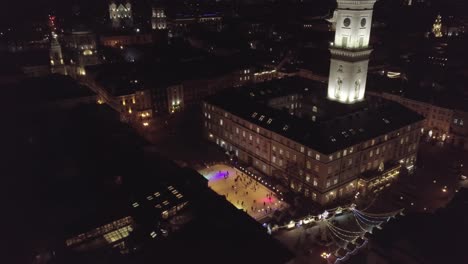 Arial-view-of-city-Lviv,-Ukraine-Rynok-square-popular-touristic-destination-in-Christmas-time