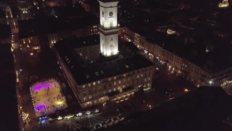 Arial-view-of-city-Lviv,-Ukraine-Rynok-square-popular-touristic-destination-in-Christmas-time