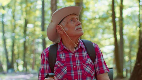 Senior-old-Caucasian-tourist-hiker-grandfather-training-Nordic-walking-with-trekking-poles-in-forest