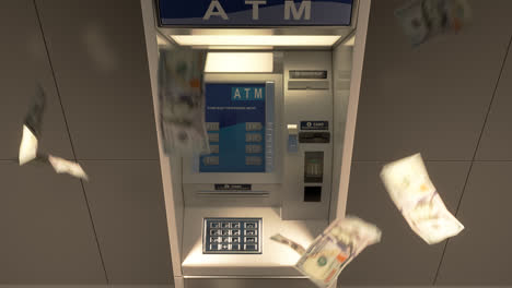 The-financial-and-business-concept.-The-ATM-machine-used-to-withdraw-money.-The-customer-put-a-plastic-card-in-a-reader-and-enter-the-pin.-Money-burst-out-of-the-slot-and-falling-down-to-the-floor.