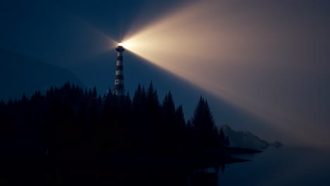 Haz-De-Luz-Brillante-Y-Cálido-Del-Faro-Que-Gira-Sobre-La-Costa-Brumosa.-Un-Edificio-Alto-Y-Emblemático-Ilumina-La-Isla,-El-Bosque-Y-Las-Tranquilas-Aguas-Del-Mar.-Viaje-Seguro-Durante-La-Noche.-Animación-En-Bucle.