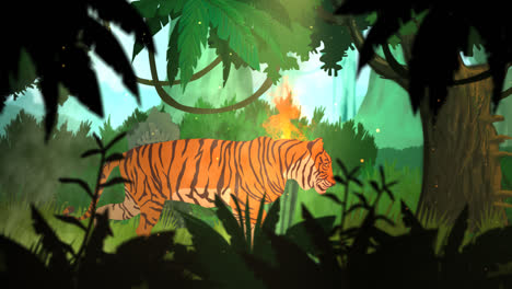 La-Ilustración-De-La-Densa-Selva-Tropical-De-La-Mañana.-El-Tigre-Solitario-Camina-Cerca-De-Las-Plantas-Exóticas-Y-La-Hierba-Fresca.-Unas-Antiguas-Estatuas-De-Piedra-Escondidas-En-Una-Colorida-Jungla-Con-árboles-Salvajes.