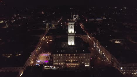 Arial-view-of-city-Lviv,-Ukraine-Rynok-square,-Christmas-Fair,-people-skate-on-ice-skating-rink